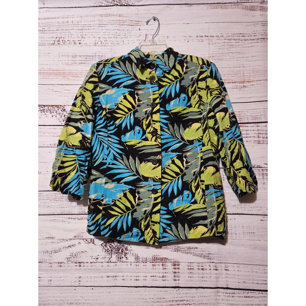 Nygard Collection Tropical Palm Leaf Linen Blend Blazer Jacket Blue Green Size 8
